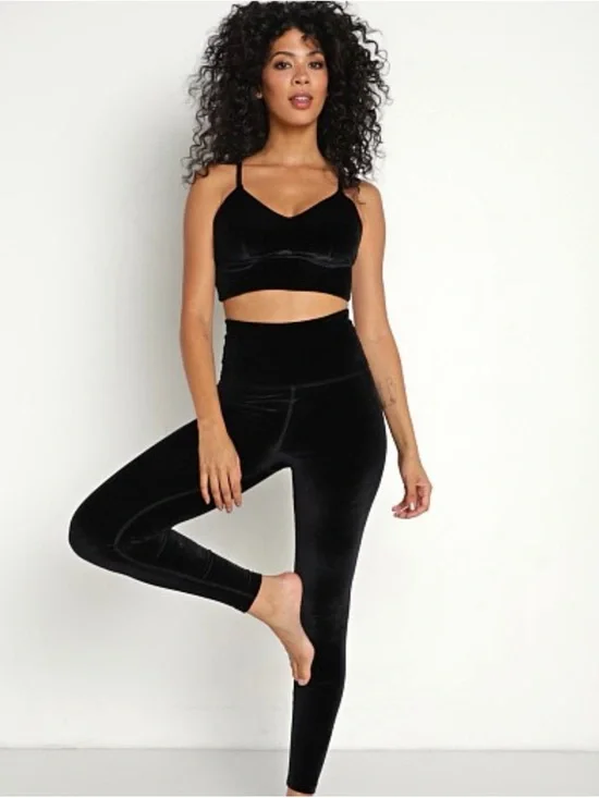 Athleta Black Velvet High-Waist Leggings & Crop Bralette Set - Picture 1 of 6